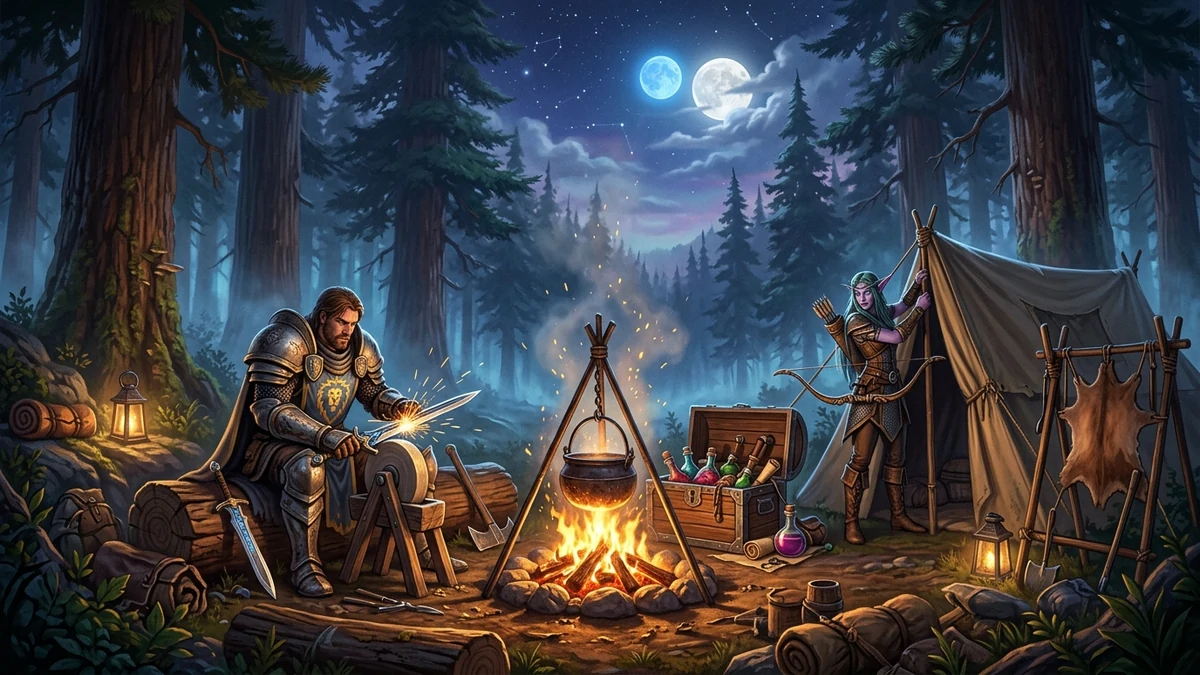 WoW Forever Camping Guide Adventurers Resting at Wilderness Campsite